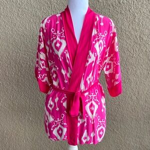 Pink Lightweight Kimono Robe, Ikat Print Kimono Robe Jacket Cover Up Sz S/M